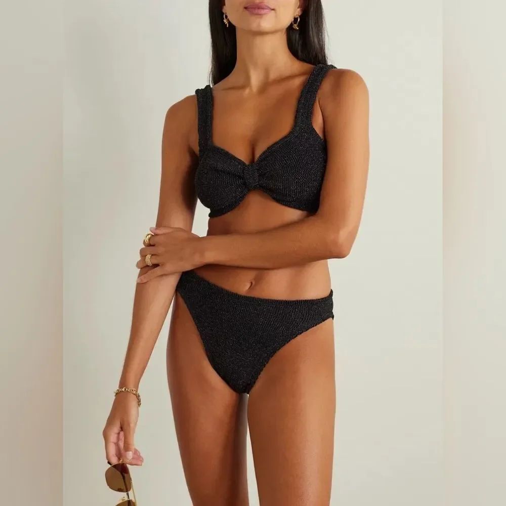 HUNZA G Bonnie Metallic Seersucker Bikini Black Textured Swimwear One-Size
